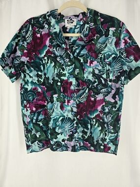 Hilo Hattie Shell Print Button-Front Shirt - Teal, Magenta & Green